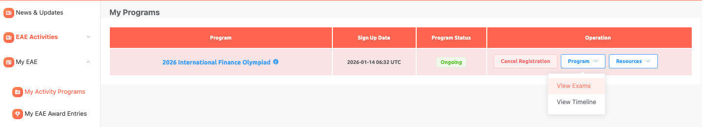 EAE My Activity Programs page showing Program dropdown and View Exams option